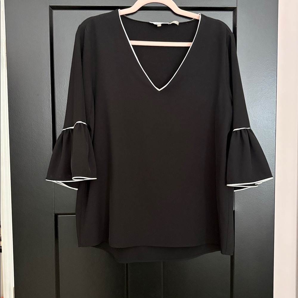 Calvin Klein V- Neck, Black Ruffle/Bell Shaped Sleeve Top w/White Trim. Size M